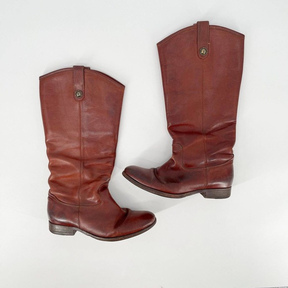 Frye Melissa Button Lug Tall Boots Shoes Sz 8 Cognac Brown Leather Low Heel Fall - Picture 1 of 13